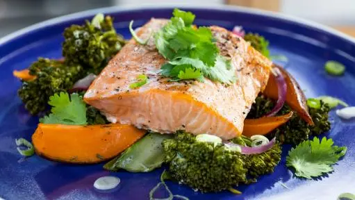 Roasted Salmon with Sweet Potatoes and Broccolini Recipe